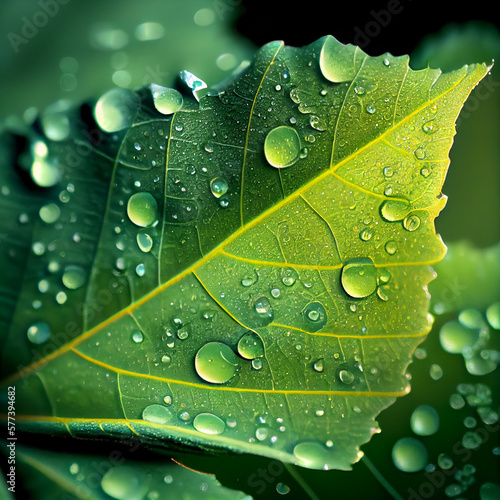 Green Leaf with water drops, detailed macro view. Generative AI.