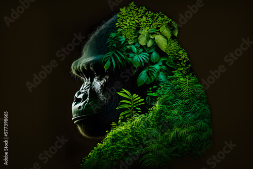 Muzzle of gorilla profile silhouette with leaves of tropical vegetation of exotic forests. The concept of protecting animals and forest environment. Generative AI