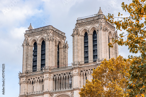 Bell towers of Notre-Dame de Paris cathedral in Autumn 