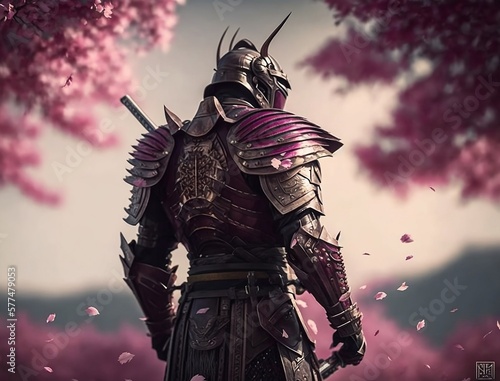 Japanese samurai in armor. Samurai in pink shades. Samurai on the background of sakura. Generative AI.