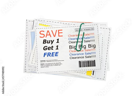 Completely fake store coupons. Fictional bar codes. All coupons were created by the photographer. No real ads were used. Isolated with cut out background.