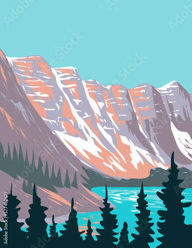 WPA poster art of Moraine Lake a glacially fed lake in Banff National Park located outside the hamlet of Lake Louise, Alberta, Canada done in works project administration or federal art project style.