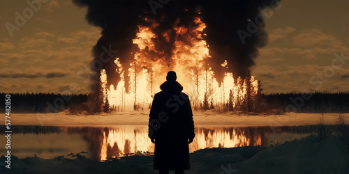 silhouette of a man watching a forest burn near a lake