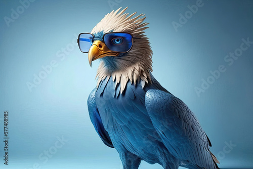 A close-up of a blue eagle's head with yellow beak and wearing blue sunglasses.