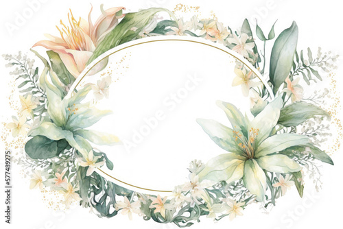 Romantic wreath, mock up card. Wedding, marriage, bridal, birthday, Valentine's day. Floral frame of lillies, copy space, vintage style. Watercolor, pastel colors. Generative AI
