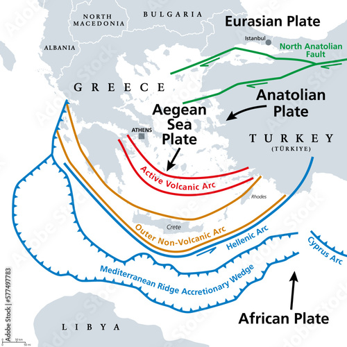 Aegean Sea Plate and Hellenic Arc, gray tectonic map. The Aegean or also Hellenic Plate, is a small tectonic plate, located in the eastern Mediterranean Sea, under southern Greece and western Turkey.