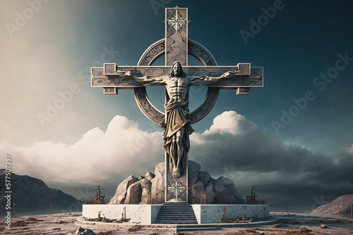 christian mausoleum with big cross, landscape or religious image with huge christian monument created with Generative AI technology