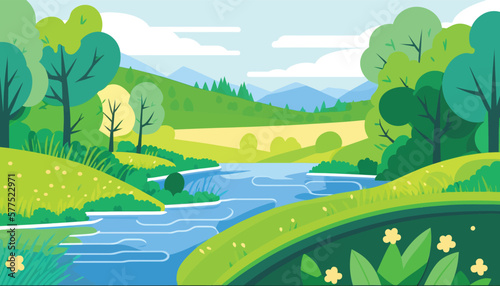 Spring or summer landscape with field, green hills, river and forest. Vector illustration in trendy flat simple style. Background for banner, greeting card or poster