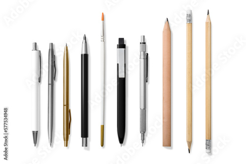 Collection of various pens, pencils, mechanical pencils, brushes and markers isolated on a transparent background, PNG. High resolution. 