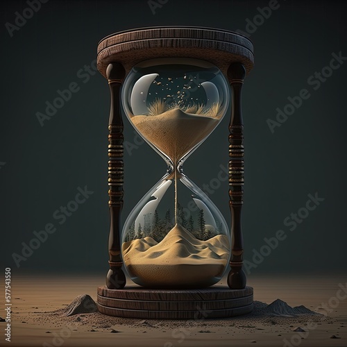 Hourglass with trees inside on a black background. Time, ancient timer, dominance of brown tones, sand, high resolution, illustrations, art. AI