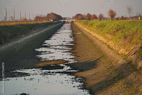Cavour Canal, which feeds rice fields between Vercelli and Novara, running dry due to the great drought affecting Piedmont, Italy.