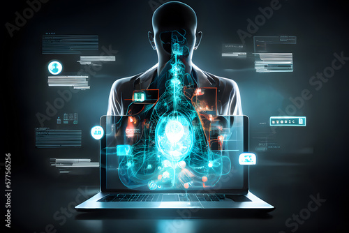 Laptopy ukazujące ludzkie ciało, szkielet. Diagnoza pacjenta, podanie wyników badań, wizyta kontrolna u lekarza. Generative AI
