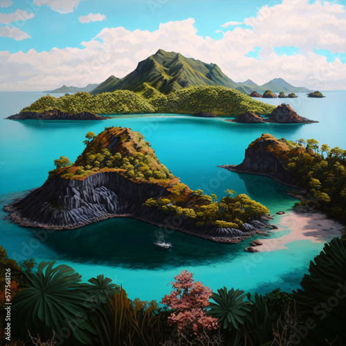 a beautiful island archipelago in the middle of the ocean landscape cartoon style illustration Generative Ai