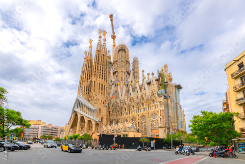 The massive and architecturally unique Antonio Gaudi designed La Sagrada Familia basilica cathedral in the Eixample district of Barcelona, Spain.