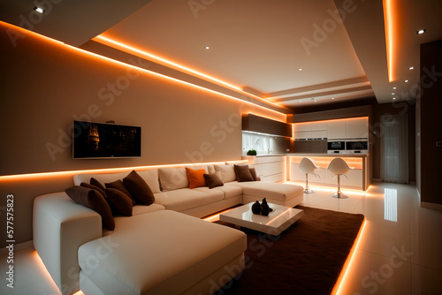 a modern and comfortable living room with a sleek and stylish design. LED strips provide soft and warm lighting that creates a cozy atmosphere. generative ai