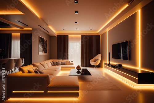 a modern and comfortable living room with a sleek and stylish design. LED strips provide soft and warm lighting that creates a cozy atmosphere. generative ai