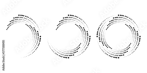 Set of halftone dots in circle form. Segmented circle. Geometric art. Circular shape. Trendy design element for vector dotted frame, round logo, tattoo, sign, symbol, web pages, print