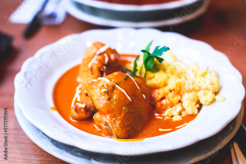 Traditional hungarian dish - chicken paprikash with egg noodles in Budapest, Hungary