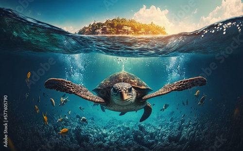 turtle swims underwater in the sea, against the backdrop of beautiful nature, summer day, generative ai