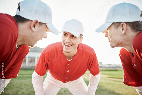Team, planning or baseball player with a strategy in training workout match or softball game field formation. Motivation, smile or leadership with happy sports men or athlete group for mission goals