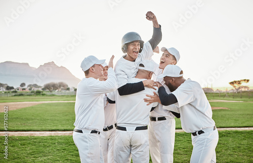 Baseball men, team celebrate and winning competition, game and sports goals, success and victory. Excited group of people or sport winner celebration, cheers and congratulations hug together on pitch