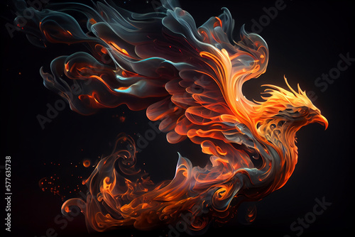 Fiery phoenix on black background. Generative ai