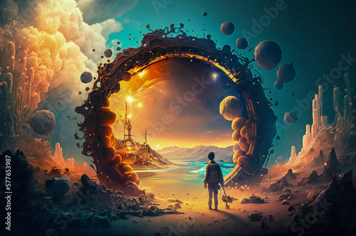 Surreal illustration of a person in front of a portal to another world, dimension or time. Created with Generative AI technology.