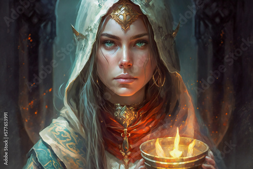 Young woman, maybe a priestess or a goddess, with lit candles. Fictional character. Created with Generative AI technology.