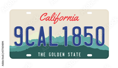 License plate isolated on white background. Abstract California license plate with numbers and letters