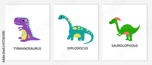 Cute dinosaur posters for boy room. Kid dino cards, monster animals, wildlife reptiles for nursery, t-shirt prints. Funny tyrannosaurus, diplodocus and saurolophus. Vector recent cartoon set