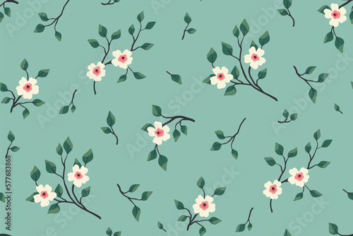 Seamless floral pattern, spring ditsy print of blooming twigs in vintage style. Cute botanical design with hand drawn plants: small flowers on branches, leaves on blue background. Vector illustration.