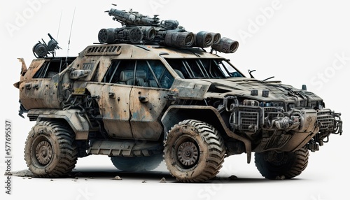 Post apocalypse military cat, tank, transport with weapon, wasteland armored off road machine