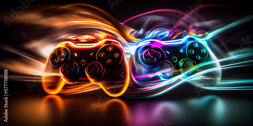 Video game controller with bright neon light streaks. Computer gamer background. Generative ai