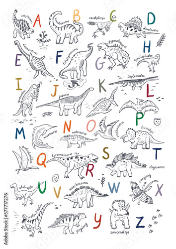Dinosaur line alphabet poster vector illustrations set.