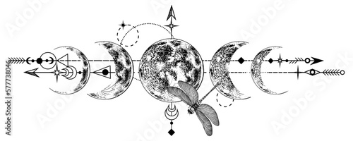 Vector illustration of mystical moon phases and dragonfly