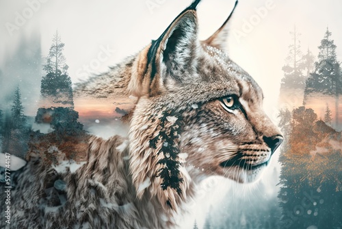 lynx and forest double exposure Generative AI