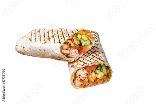 Shawarma durum doner kebab with meat and vegetable salad. Isolated, transparent background