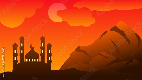 Background of silhouette mosque with orange sky for islamic design. Landscape element for design graphic ramadan greeting in muslim culture and islam religion. Ramadan wallpaper of mountain and hill