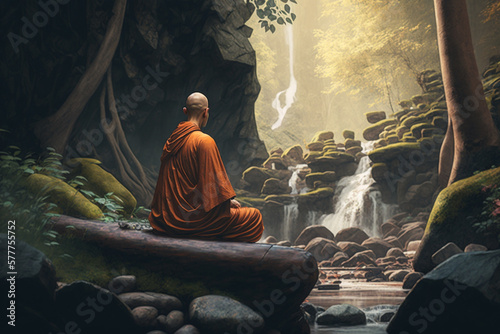 Buddhist monk meditating near a waterfall