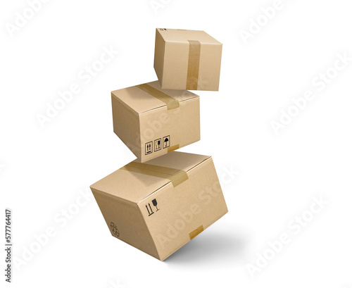 Closed and taped cardboard parcel boxes falling on transparent background with shadow