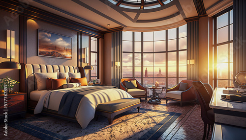 The Height of Luxury, A Large Modern Hotel Room with a View of the Cityscape, Generative AI