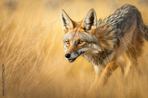 Jackal in the wild a jackal hunting outdoors. Jackal on the prowl. 3D realistic illustration. Based on Generative AI