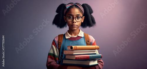 Education and learning. Portrait of African-American schoolgirl holding a stack of schoolbooks on studio background.