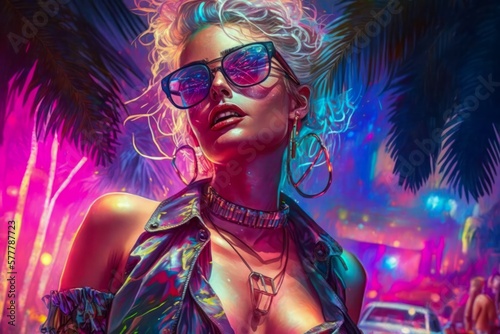 Attractive girl clubbing at the hot summer dance party. Neon light. Palm trees on background. Vacation nightlife.