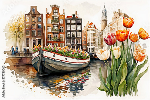 AI Generative art, Abstract Amsterdam city view with nordic architecture and tulips flower, Travel concept Poster