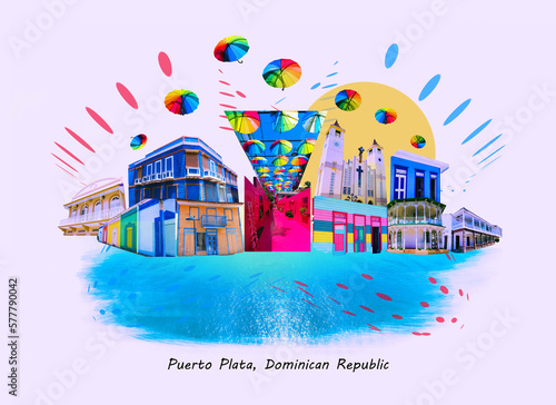 Colorful buildings in center of Puerto Plata, Dominican Republic. Collage. Pink street with green plants, windows, street lams, decorative caribbean entourage in old city victorian style. Art design
