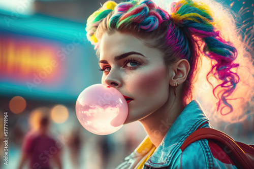 1980s retro teenage girl in neon clothes and colorful blonde pigtail hair, blowing bubble gum, city amusement park background blurred with copy space, generative ai