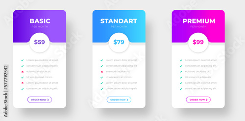 pricing plans table and pricing chart Price list for web or app. Ui UX pricing design tables with tariffs, subscription features checklist and business plans. Product Comparison business web plans.