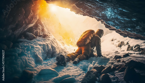 Climber with hypothermia on snow frozen cave winter. Concept death of lost tourist in mountains, avalanche accident. Generation AI