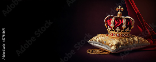 Illustration of Royal golden crown with jewels on golden pillow on red background. Symbols of UK United Kingdom monarchy. Copyspace on the left side of the frame. Generative AI